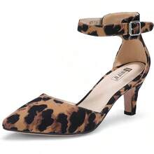 Women's IN3 D'Orsay Pumps Low Kitten Heels For Women Dress Shoes Pointed Closed Toe Wedding Bride Ankle Strap Dressy Silver Black Nude White Gold Heels For Women-2025 - 豹紋絨面革 - 查看 1