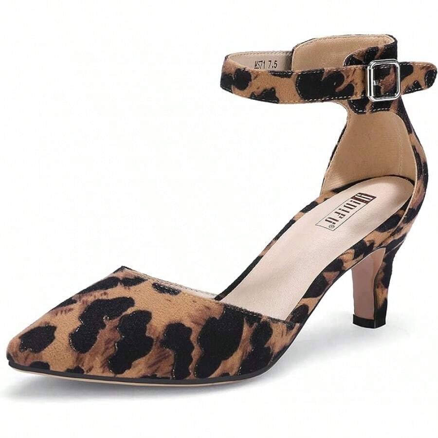 Women's IN3 D'Orsay Pumps Low Kitten Heels For Women Dress Shoes Pointed Closed Toe Wedding Bride Ankle Strap Dressy Silver Black Nude White Gold Heels For Women-2025 - 豹紋絨面革 - 查看 1
