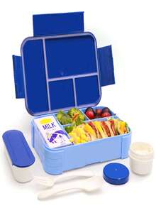 1 pièce Boîte à lunch portable avec ustensiles, tasse à salade, design carré pour micro-ondes - Grande boîte à lunch Bento 4 compartiments pour l'école, le bureau, les voyages, le camping, les pique-niques en plein air, le rangement de cuisine, convient aux filles et aux garçons, disponible en bleu, gris, jaune