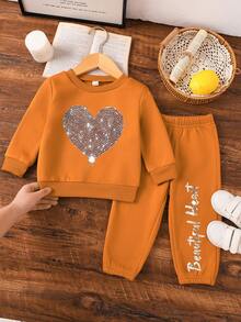 Baby Girl Fashion Shiny Diamond Heart & Letter Print Crew Neck Sweatshirt And Jogger Pants Set, Autumn/Winter - Brown - View 1