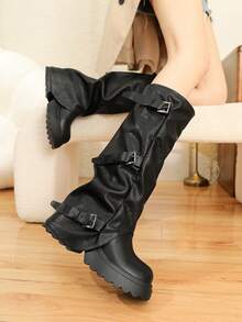 Damen Schwarze Kniehohe Stiefel, Runde Zehenkappe Dicke Sohle Reitstiefel, Modestiefel für Damen, Herbst/Winter