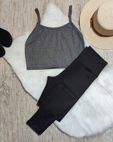 2-Piece Kit With Ribbed Straps And Women's Leggings, Comfort And Quality - Grey - View 2