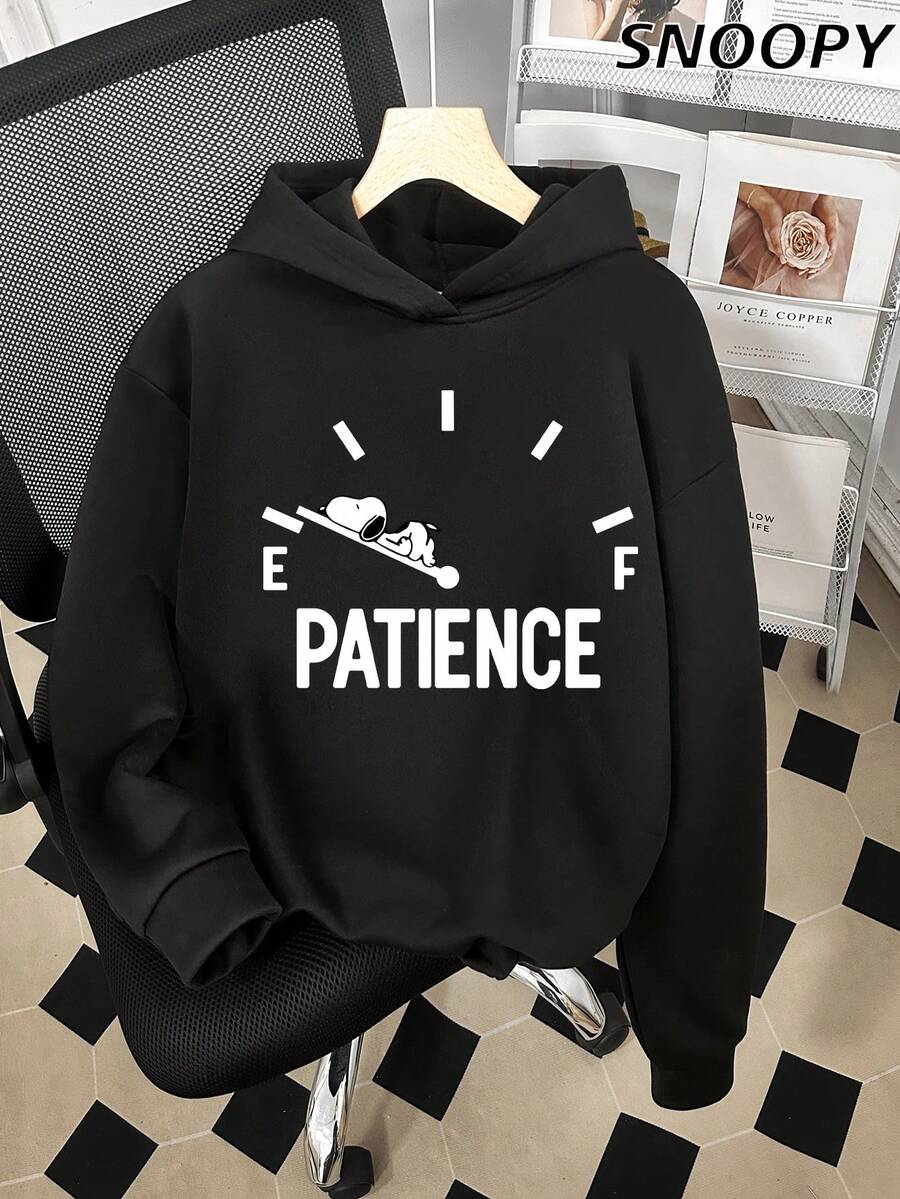 Women's Patience Cute Cartoon Graphic Hoodie Casual Style Sweatshirt, Winter - Black - View 1