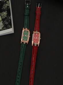 Custom Fashionable Elegant Retro Rhinestone Square Leather Watch
