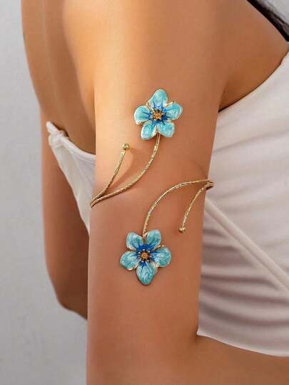 Punk Style Exaggerated Alloy Metal Multi-Color Enamel Flower Bracelet, Fashionable & Cooling Summer Super Long-Lasting Colorful Enamel Floral Bracelet, Suitable For Women's Daily Wear, Various Holidays, Mother's Day Gifts, Socializing, Parties, Activities, Beach, Resort Wear (The Floral Colors Are Handmade Enamel Glaze And May Have Some Variations Such As Color Bleeding, Staining, Or Color Transfer)