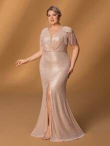 Faeriesty Mosy Plus Mother Of The Bride Dress: Elegant Sequin Deep V-Neck Mermaid Evening Gown With Shoulder Tassels – Front Slit Fish-Tail Skirt For Weddings, Galas, Red-Carpet Events