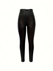 Black High Waist Zipper Lock Faux Leather Pants For Women, Biker Style - Black - View 4