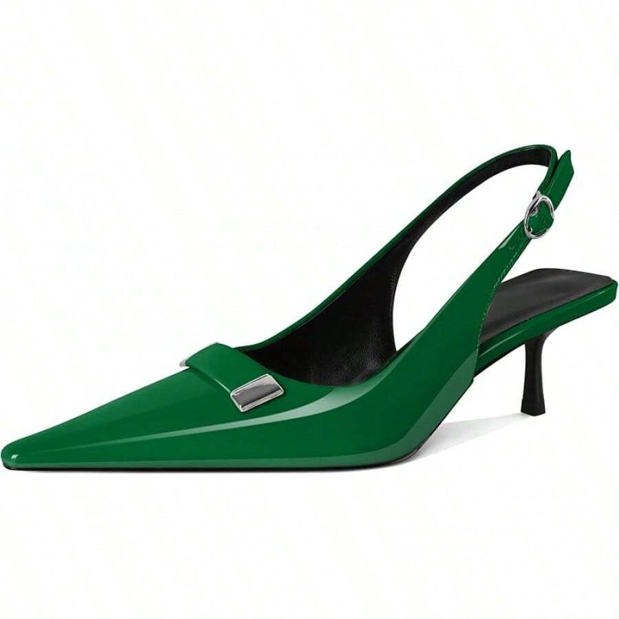Women's Pointed Toe Slingback Heels Metal Buckle Ankle Strap Kitten Low Heel Pumps 2 Inch Stylish Retro Women Shoes-20256688 - 專利綠 - 查看 1
