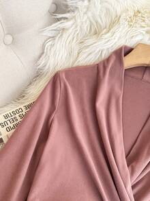 Camiseta feminina de lã quente com decote em V e manga comprida, elegante, casual, slim fit, rosa, outono/inverno - Rosa Cinza - Ver 5
