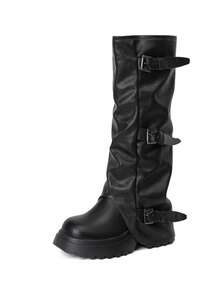 Damen Schwarze Kniehohe Stiefel, Runde Zehenkappe Dicke Sohle Reitstiefel, Modestiefel für Damen, Herbst/Winter