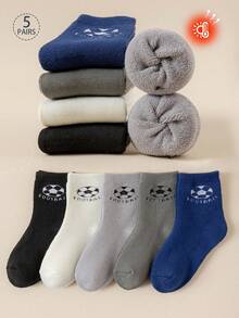 5 paires de chaussettes d'équipe pour enfants/tout-petits garçons, couleurs unies, couleurs contrastées, motifs de lettres de bandes dessinées et de football, doublure en peluche, convenant pour un port quotidien, cadeaux, mignons, , minimalistes, convenant pour les étudiants, chauds, automne/hiver - Multicolore - Voir 9