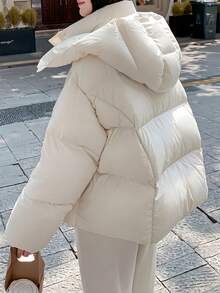 Jaqueta feminina grossa com capuz e enchimento de plumas, elegante e acolchoada, estilo vintage, quente e espessa, parka casual para o inverno. - Branco - Ver 4
