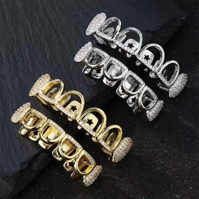 1 Stück/2 Stücke modische Vampir Cut Out Zähne Grillz mit glänzendem Zirkonia, 18 Karat vergoldet, Halloween Weihnachten Kostüm Hip Hop Accessoires, inklusive Pinzette & Zahnwachs