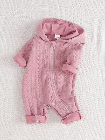 Baby Girl Casual Cute Jacquard Textured Floral Pattern Hooded Jumpsuit, Comfortable For Autumn/Winter