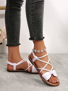 New Plus Size Women Comfortable Simple Round Toe Hollow Criss-Cross Elastic Flat Slippers Sandals, Casual Fashion Outdoor Vacation Beach Summer Shoes