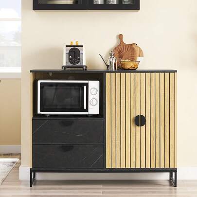 SoBuy Kitchen Cabinet Sideboard Chest Of Drawers With Microwave Compartment (Ø6 Cm) And Louvre Door Microwave Cabinet Buffet Cabinet Multi-Purpose Cabinet Furniture For Kitchen & Living Room Oak-Black 107*40*85 Cm FSB103-N