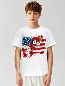 Unique Floral American Flag Floral 4th Of July Novelty Awesome Graphic Kid T-Shirt Cute Kid T Shirts Trending Tees Tops For Kid - White - View 8