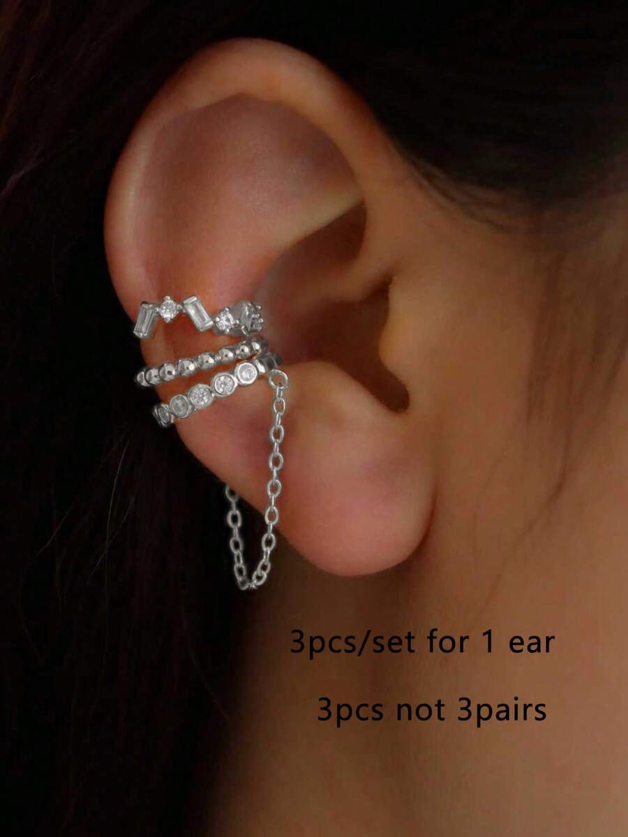 3pcs Shiny Cubic Zirconia Chain Clip-On Earrings Set, Multi-Layer Stacking Earrings Suitable For Women's Daily Wear, Dates, Parties