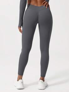 Sodalemon 女士蜜桃臀瑜伽紧身裤，V形缝线设计，修身运动裤 - 灰色 - 查看 6