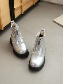 冬季儿童经典闪亮女童表演靴，厚底拉链踝靴，适合3-10岁女孩 - 銀色 - 查看 3