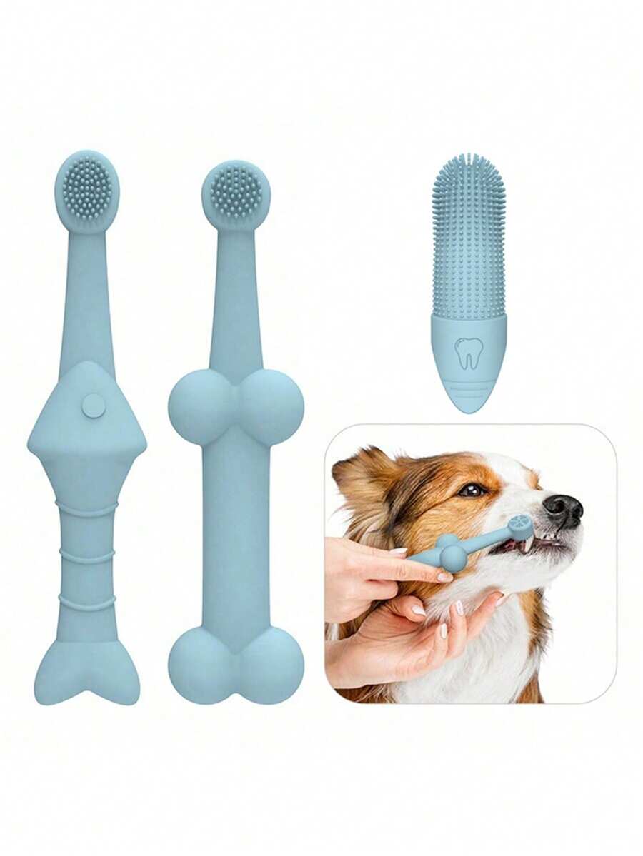 Bộ 2 bàn chải đánh răng cho thú cưng hình xương cá, làm sạch khoang miệng, loại bỏ cao răng và mảng bám cho mèo và chó, bàn chải đánh răng silicon xoay 360° dạng ngón tay. - Nhiều màu - Xem 1