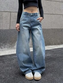 女式宽松阔腿牛仔裤，带口袋，筒形牛仔裤 - 中等水洗藍 - 查看 4