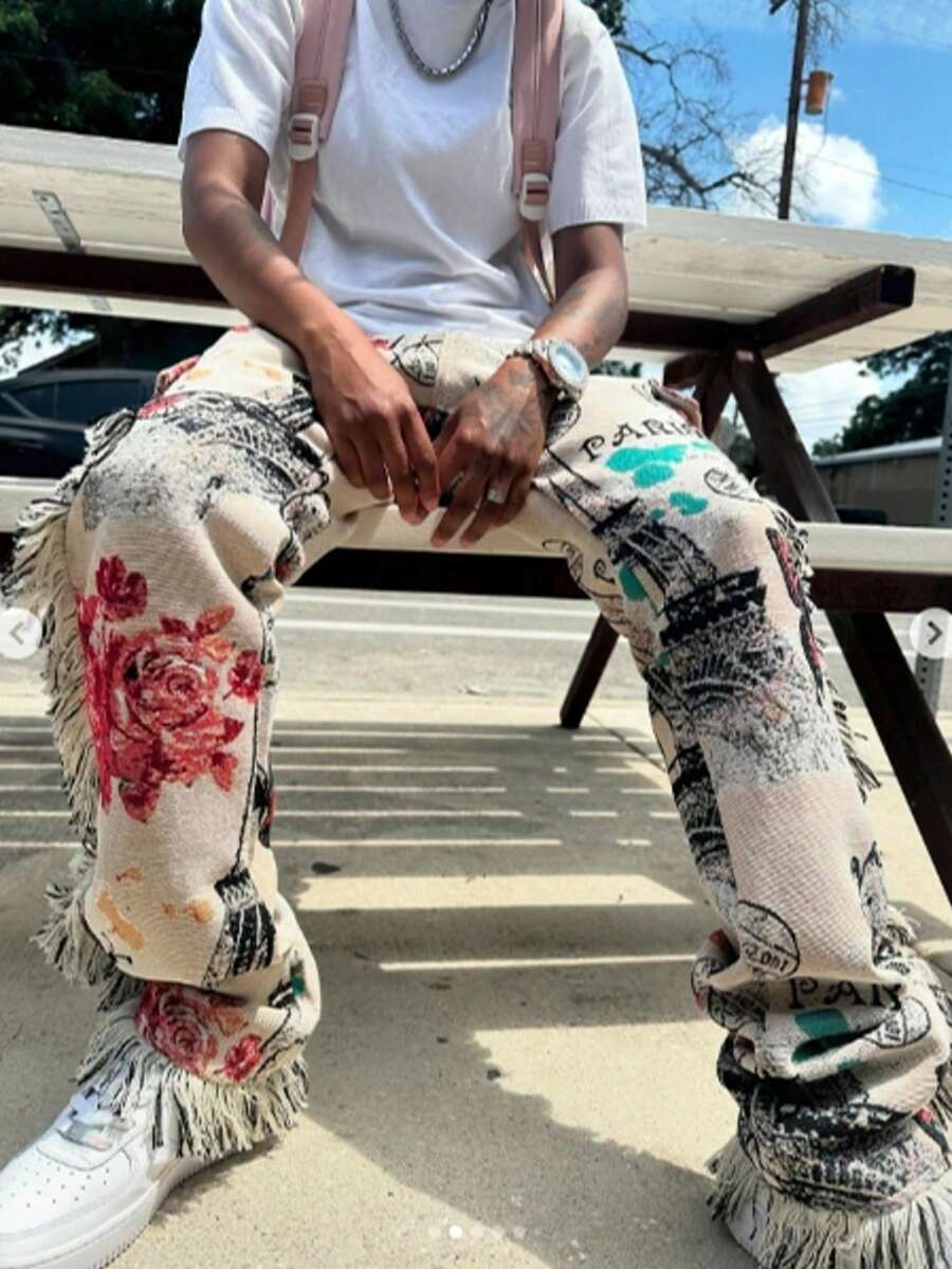 Men's Fashion Jeans Butterfly Floral Jacquard Fringe Hem Trousers Multi-Pocket Cargo Pants Slim Straight Pants Streetwear - 白色 - 查看 1