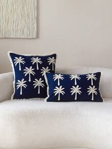 1pc Blue Embroidered Coconut Tree Decorative Throw Pillow Cover, Suitable For Indoor Decor, All Season, Pillow Insert Not Included