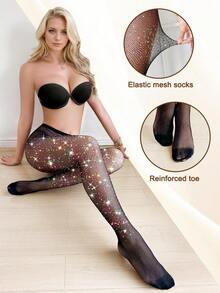 1/2 Pairs Sexy Shiny Fishnet Stockings & High Waist Rhinestone Fishnet Leggings, Women Party Tights