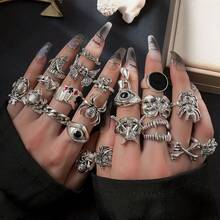 24 Pieces/Set Of Dark Style Hip-Hop Skull Spider Card Exaggerated Retro Rings, Punk Style Rings, Can Be Stacked And Matched By Yourself, Suitable For Wearing At Theme Events And Gatherings - 彩色 - 查看 6