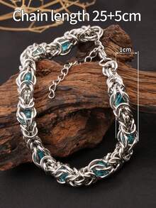 1pc Stainless Steel Silver Punk Style Exaggerated Wavy Design Artificial Sapphire & Cubic Zirconia Thick Chain Bracelet, Adjustable, Fashionable & Versatile, Suitable For Men's Daily Wear And Parties, Great Gift For Boyfriend, Brother