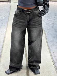 Gray American Retro Wide-Leg Jeans For Women 2025 Autumn New Ripple Drape Loose Straight Floor-Length Pants