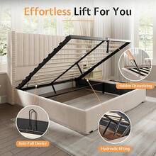 Lift Up Storage Bed Frame Queen/King Size, Velvet Upholstered Platform Bed With Channel Tufted Wingback Headboard, Modern Bedroom Furniture Design, No Box Spring Needed, Cream - Cream - View 5