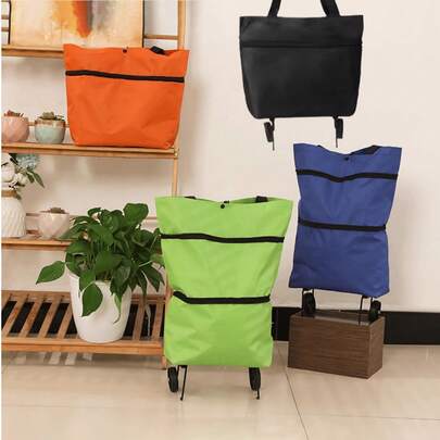 二合一轻便折叠购物车，可折叠带轮手推车，可重复使用购物袋，男女通用旅行袋，家居厨房用品，便携式带轮滚动购物袋，防水手推车。（牛津布，橡胶轮）
