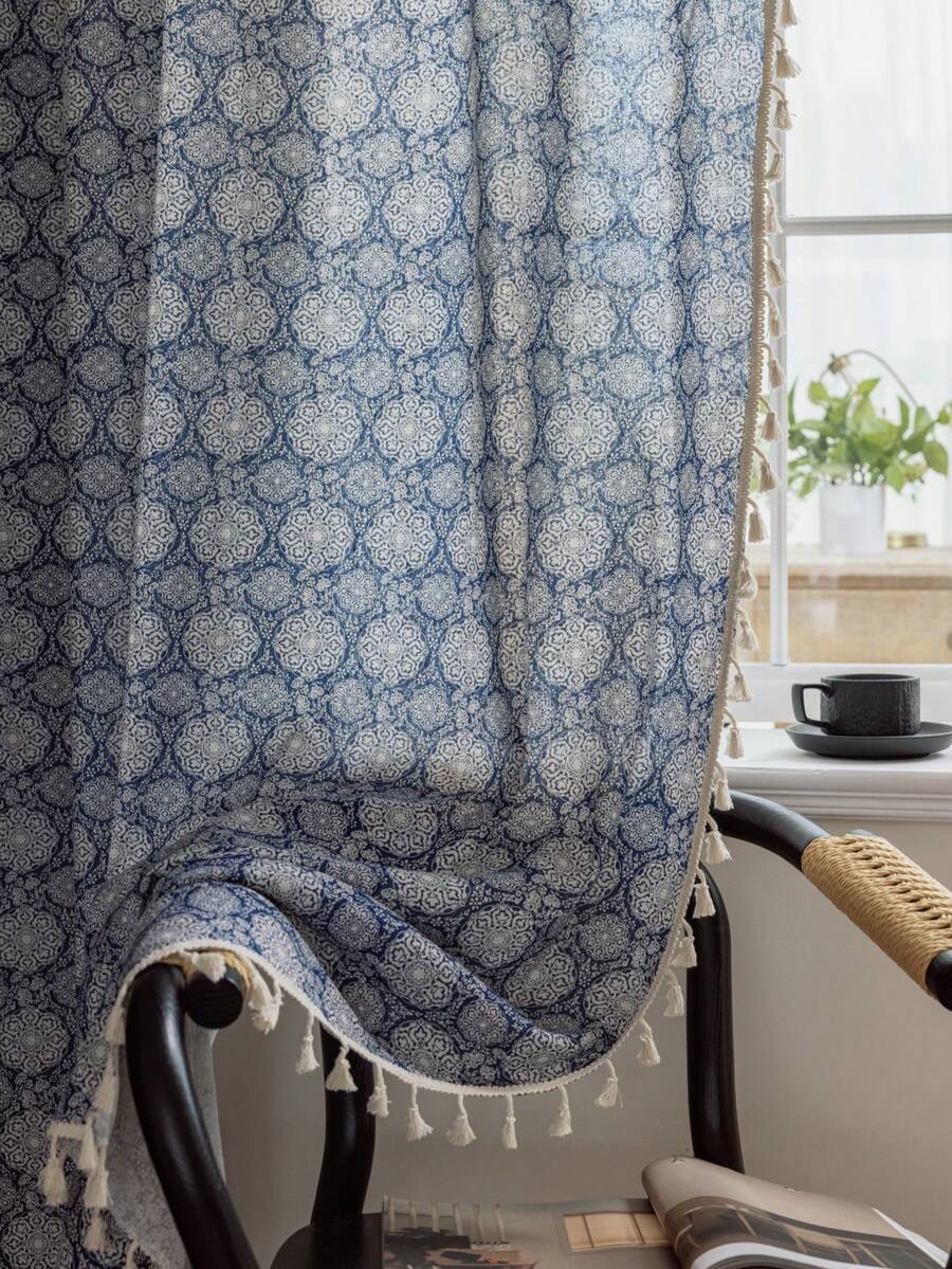 1 Rèm cửa họa tiết hình học Bohemian, trang trí tua rua màu be, không cần khoan lỗ, có túi đựng, có thể giặt được, mỏng, rèm cửa ngắn cho nhà bếp, vách ngăn phòng, thích hợp cho gia đình, phòng ngủ, phòng học, phòng khách, ban công, hiên nhà, trang trí phòng tắm nắng, trang trí cửa sổ, mọi mùa, mùa thu - Màu xanh lam - Xem 1