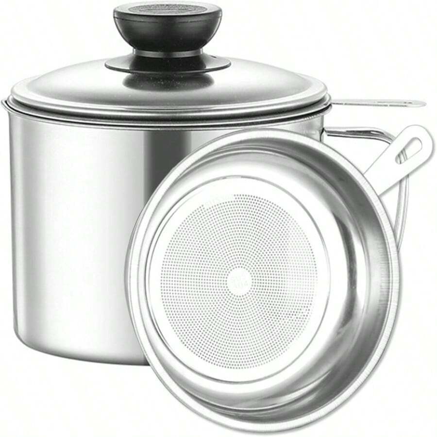 Stainless Steel Oil Filter Household Cooking Oil Storage Can With Fine Mesh Lid Cooking Oil Fat Separator For Storing Frying Cooking Grease - White - View 1