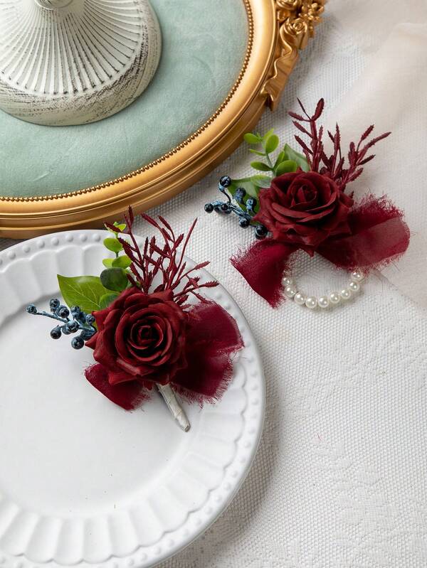 زوج من الزهور الاصطناعية وردة العروس سوار الزهور والعريس زهرة الصدر دبوس بدلة الزفاف ديكور حفلة