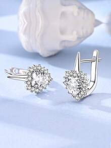 1 Pair Original 925 Sterling Silver Women Hoop Earrings Bright Big Heart White Cubic Zirconia Elegance Earrings Jewelry Gifts Fits Daily Party Shopping - Silver - View 1
