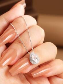 1pc S925 Pure Silver Necklace, Minimalist Teardrop Pendant Necklace, Elegant Design, Thoughtful Gift For Girlfriend Or Bestfriend, Delicate Choker Necklace For Daily Wear