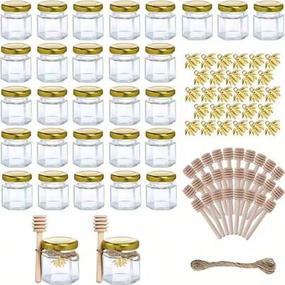 1.5 Oz Hexagon Honey Pot Mini Glass Jars - 20/24/25/30/40/48/50/60 Pcs Honey Jars With Wooden Dipper, Gold Lid, Bee Charm, Burlap - Perfect For Weddin