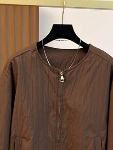 Women's Casual Jacket, Striped Woven Fabric, Pockets With Zipper, Puff Shoulder Design, Oversized Fit, Suitable For Various Figures, High-Quality Solid Color, Simple And Fashionable, Versatile For Daily Commute In Autumn/Winter - Coffee Brown - View 6