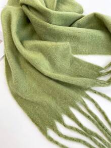 1pc Women's Fluffy Long Winter Scarf, Warm Neck Wrap, Black Oversized Thick Fringed Shawl/Blanket Scarf, Thick Knitted Fringed Shawl, Red Scarf, Solid Color Scarf - HM05-bean Paste Green - View 6