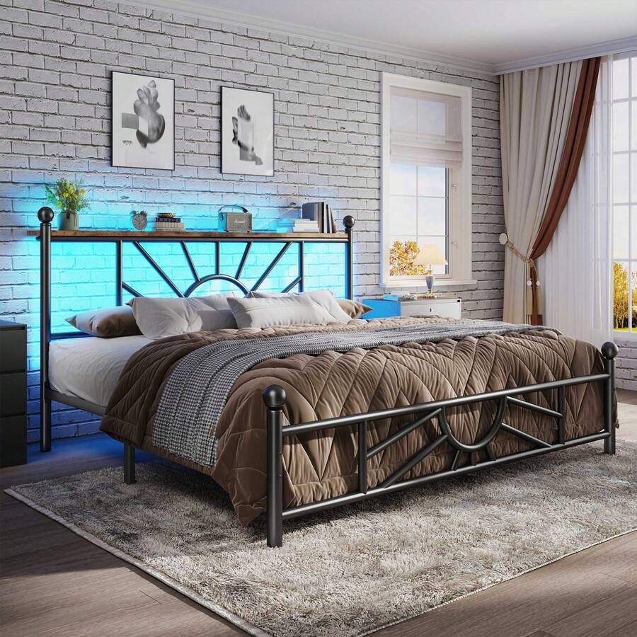 EnHomee Metal Bed Frame With LED Light Platform Bed Frame With Headboard & Footboard Mattress Foundation Under Bed Storage,Easy Assembly, Black - Xem 1