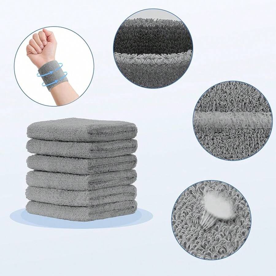 Pulseras Deportivas Antisudor (3 Pares/Algodón): Engrosadas Unisex, Ideal para Béisbol/Baloncesto/Gimnasio - gris - Ver 1