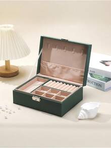 1pc Dual Layer Large Capacity Jewelry Box, Minimalist Leather Jewelry Storage Box, Portable Solid Color Rectangular Jewelry Organizer, Vanity Jewelry Box With Drawer, PU Leather Travel Jewelry Box, Convenient For Travel, Dual Layer Storage Box, Large Capacity For Earrings, Necklaces, Bracelets