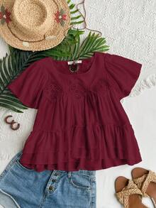 Rusttydustty 女士白色V领短袖叠层下摆衬衫，波西米亚风格，适合海滩、夏威夷音乐节和热带度假等夏季穿着 - 酒紅色 - 查看 2