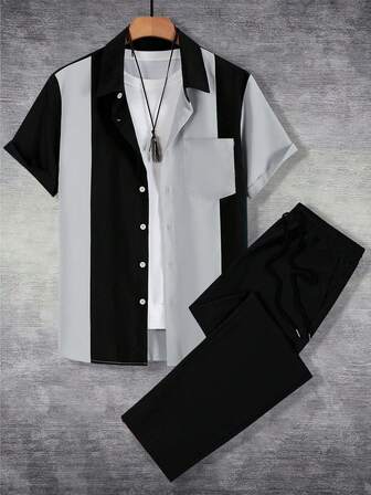 2 piezas Conjunto informal ligero para hombre - Camisa de manga corta con bloques de color y rayas, con un solo botón, y pantalón largo de unicolor, adecuado para ir al trabajo y uso casual