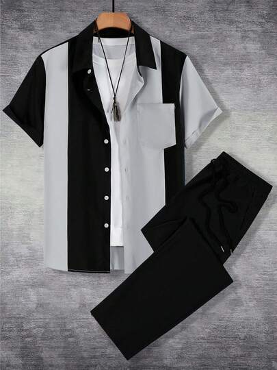 2 piezas Conjunto informal ligero para hombre - Camisa de manga corta con bloques de color y rayas, con un solo botón, y pantalón largo de unicolor, adecuado para ir al trabajo y uso casual