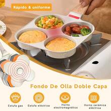 Sartén Multifuncional de Cuatro Agujeros, Sartén Antiadherente de Cuatro Agujeros para Hamburguesas (Negro) con Tapa de Vidrio, Sartén de Aluminio con Cepillo y Espátula de Silicona - blanco - Ver 7