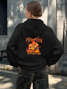 Mujer003-1 Sudadera de mujer Halloween invierno sudadera de manga larga es cómoda y suave Sudadera de capucha negra con diseño de calabazas para la temporada del calabacín, cómoda y estilo auténtico para disfrutar de la estancia fría - Negro - Ver 1